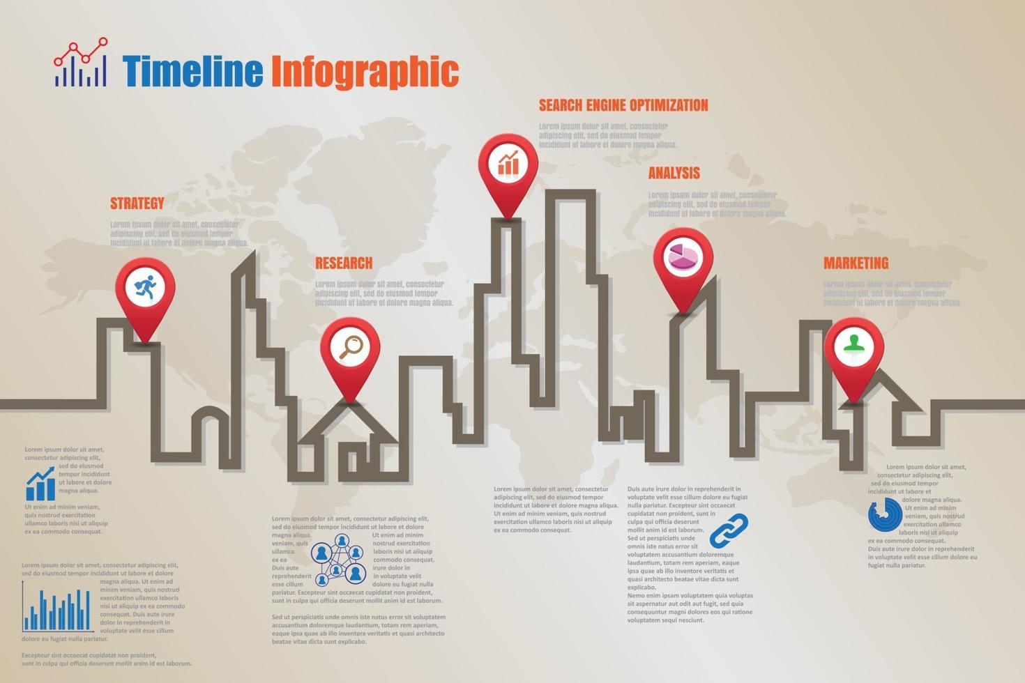 Infografik-Symbole der Geschäftsstraßenkarten-Zeitachse, die für abstrakte Hintergrundschablone entworfen wurden. Element moderner Diagrammprozess, Webseitentechnologie, digitales Marketingdatenpräsentationsdiagramm vektor