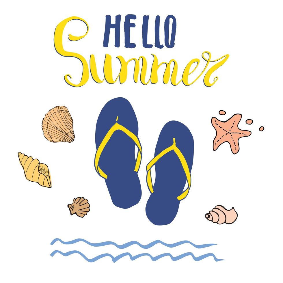 sommar vektorillustration, flip flops och bokstäver isolerade. vektor