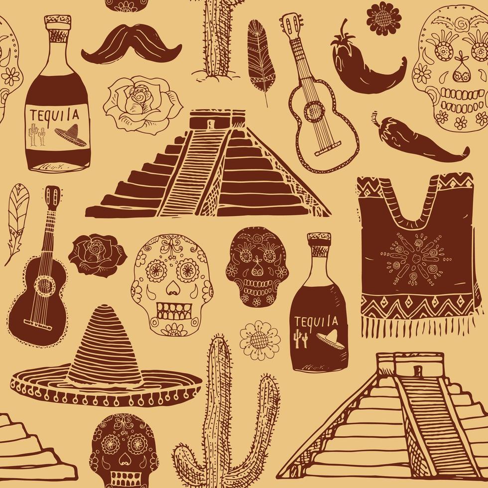 mexico seamless mönster doodle element, handritad skiss mexikansk traditionell sombrero hatt, poncho, kaktus och tequila flaska, karta över mexico, skalle, musikinstrument. vektor illustration bakgrund.