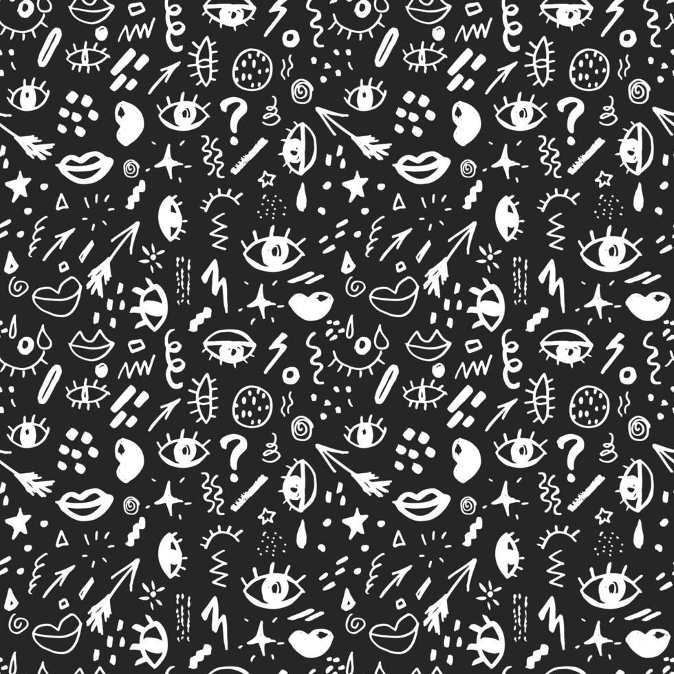 nahtloses Muster mit handgezeichneten skizzierten Gekritzelelementen Augen und Lippen, abstrakter Hintergrund. Typografie-Designdruck, Vektorillustration vektor