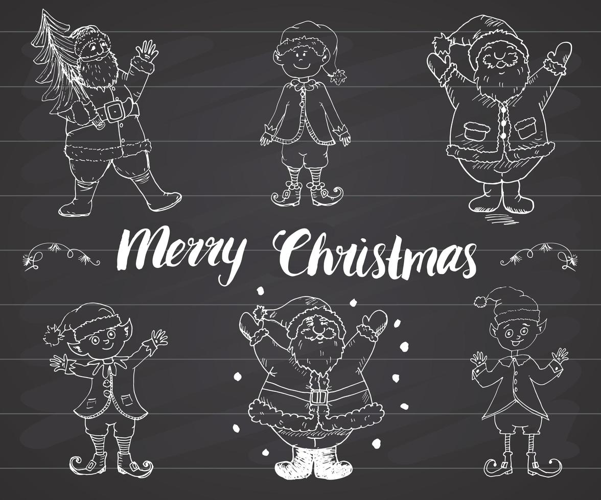 jultomten och älvor, nisser handritad uppsättning. god jul bokstäver. vektor illustration på svarta tavlan.