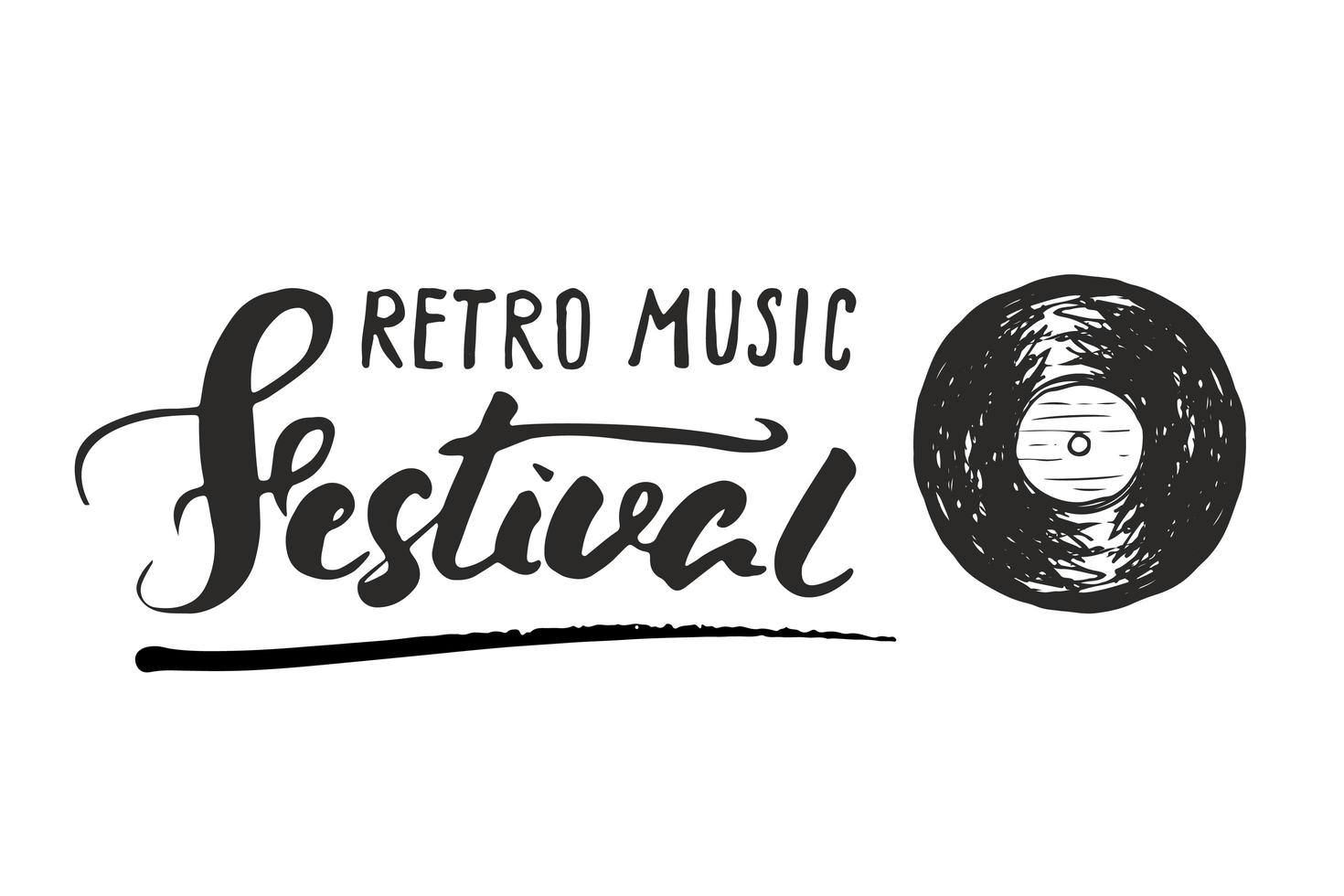 Retro-Musikfestival mit Schallplatte und Beschriftung, Vintage-Label, handgezeichnete Skizze des Plakattypografiedesigns, strukturiertes Retro-Abzeichen mit Schmutz, T-Shirt-Druck, Vektorillustration vektor