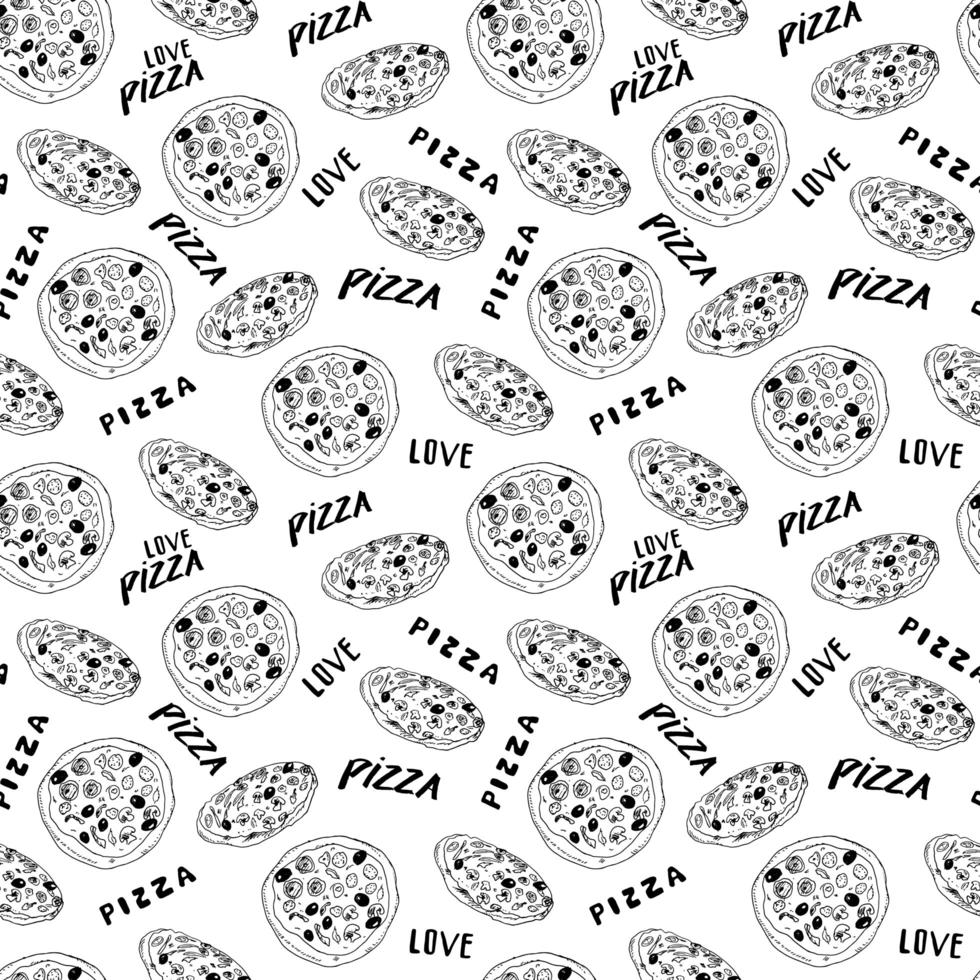 handgezeichnete Skizze des nahtlosen Musters der Pizza. Pizza Slice Kritzeleien und Worte Pizza lieben Essen Hintergrund. Vektorillustration vektor