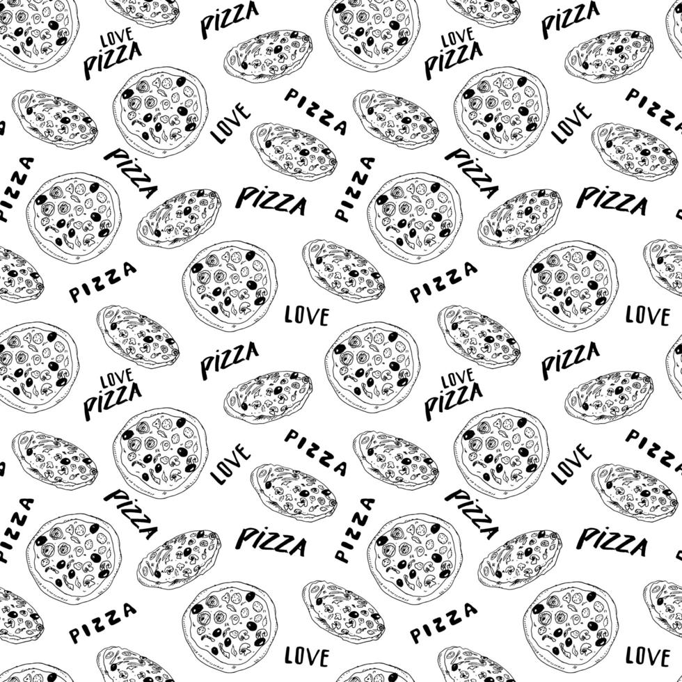 pizza sömlösa mönster handritad skiss. pizza skiva klotter och ord pizza älskar mat bakgrund. vektor illustration