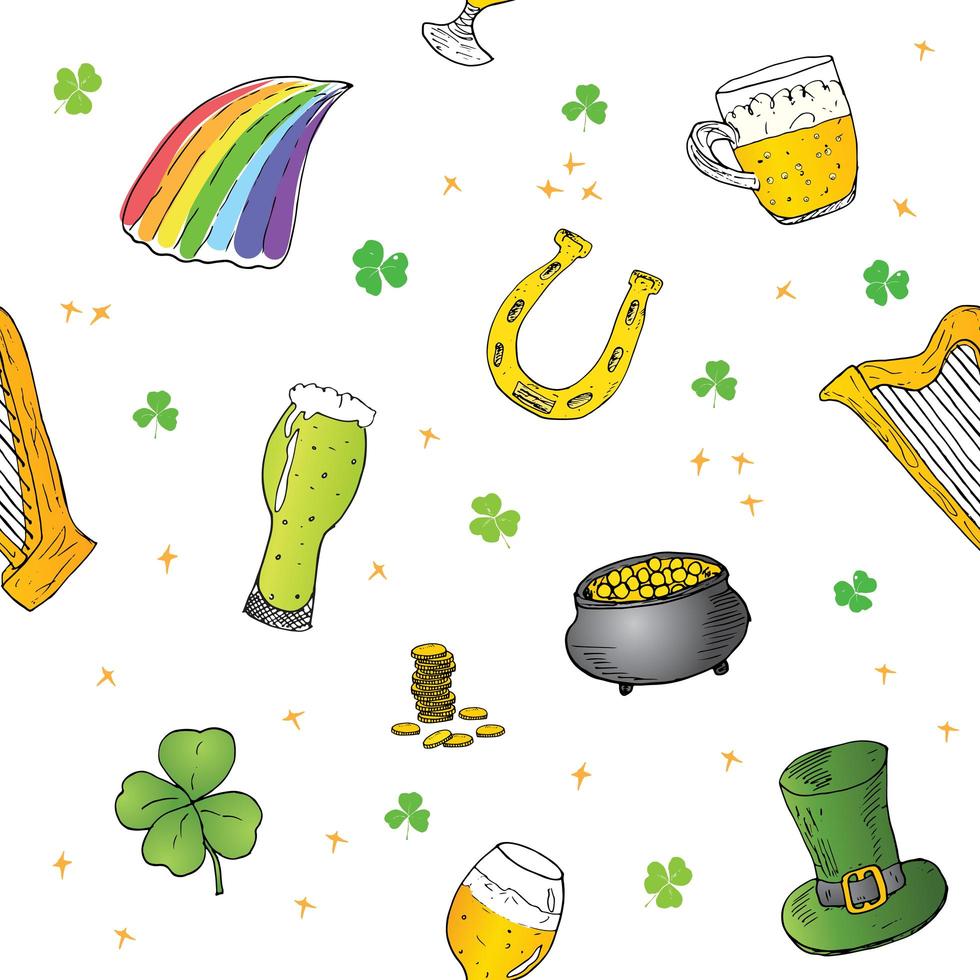 Hand gezeichnetes Gekritzel nahtloses Muster des St. Patrick's Day mit Koboldhut, Topf mit Goldmünzen, Regenbogen, Bier, vierblättrigem Kleeblatt, Hufeisen, keltischer Harfenvektorillustrationshintergrund vektor