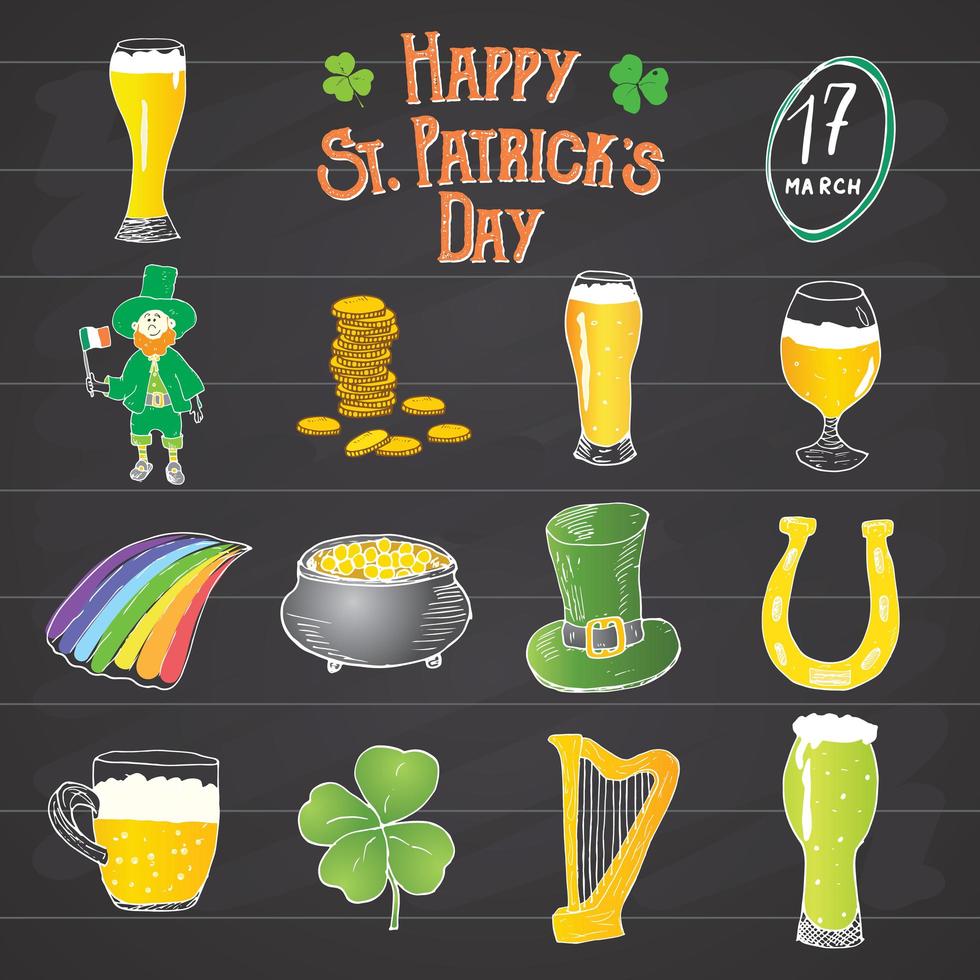 st patricks dag hand dras doodle ikoner set, med leprechaun, kruka med guldmynt, regnbåge, öl, fyra leef klöver, hästsko, keltisk harpa och Irlands flagga vektor illustration på svarta tavlan