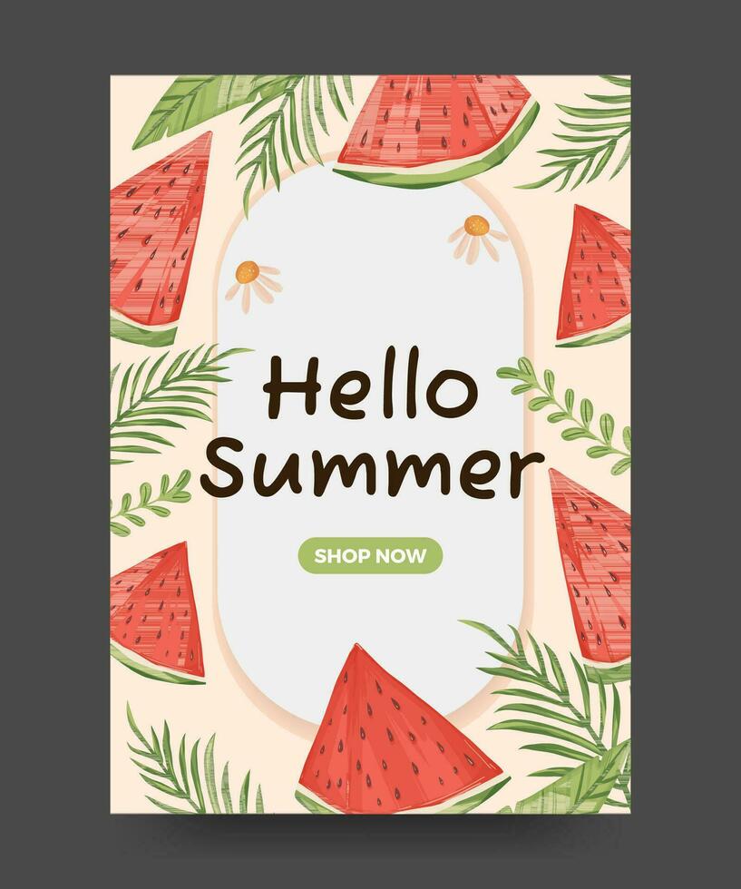 Hallo Sommer- Poster mit tropisch Blätter, Obst und Blumen. Sommer- Poster Illustration vektor
