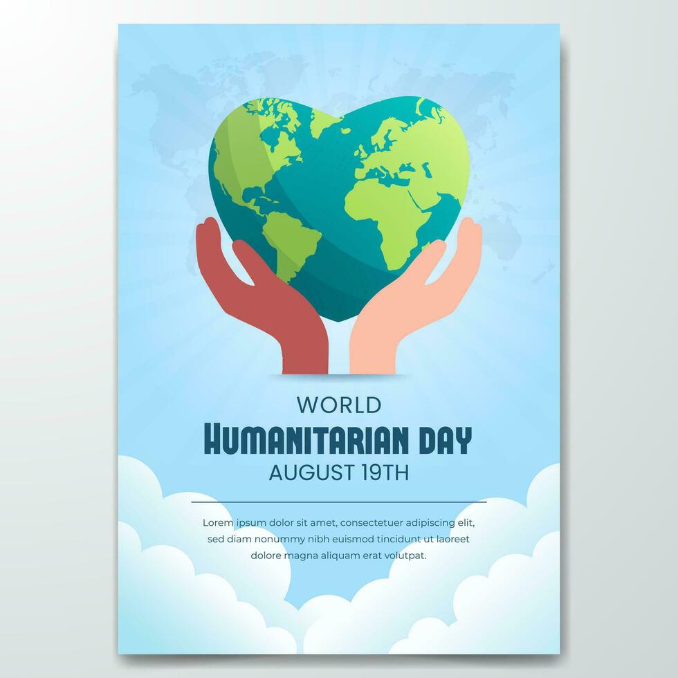 Welt humanitär Tag Poster Design mit mehrere ethnisch Hände und Herz gestalten Globus Illustration vektor