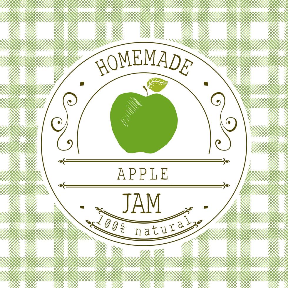 Marmeladenetikett Designvorlage. für Apfeldessertprodukt mit handgezeichneten skizzierten Früchten und Hintergrund. Gekritzel Vektor Apfel Illustration Markenidentität