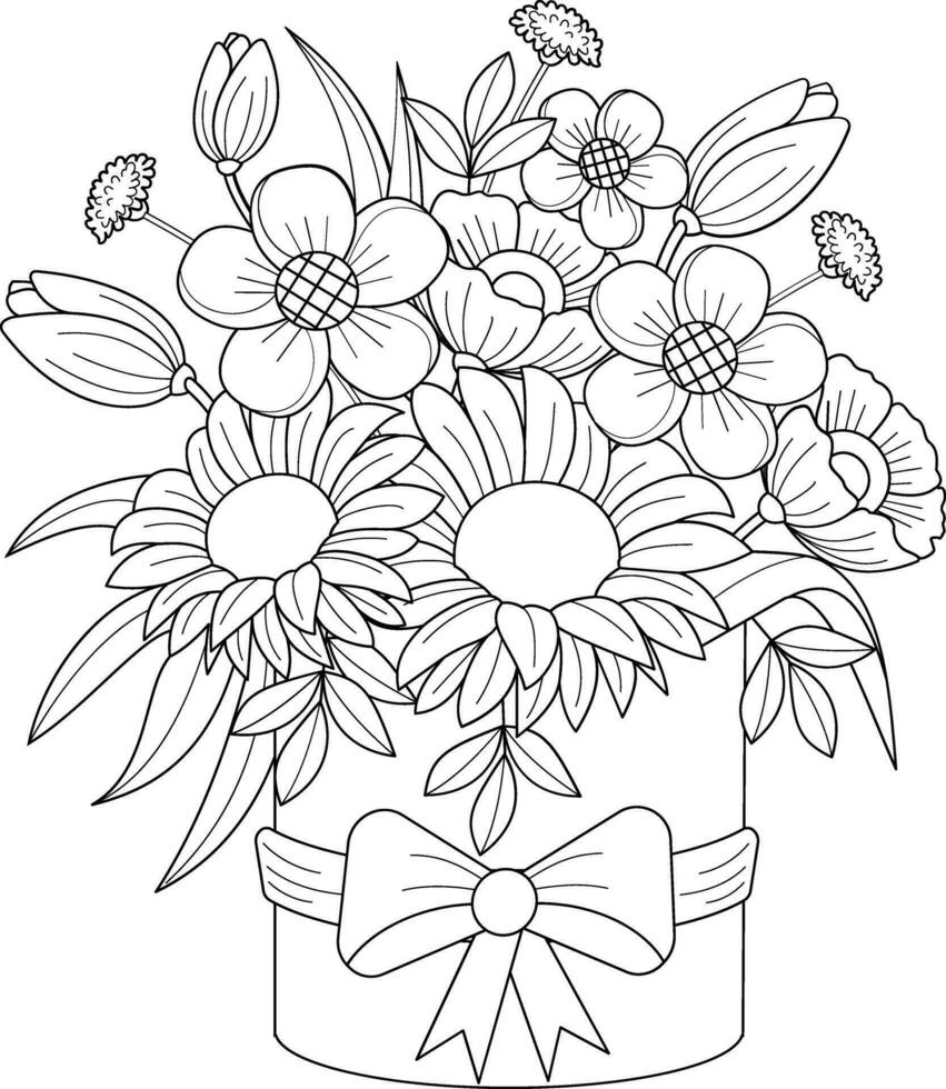 bukett av blommor i en gåva låda. hand dragen vektor illustration.