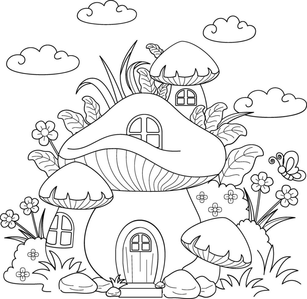 Färbung Buch zum Kinder. Pilz Haus im das Garten. Vektor Illustration