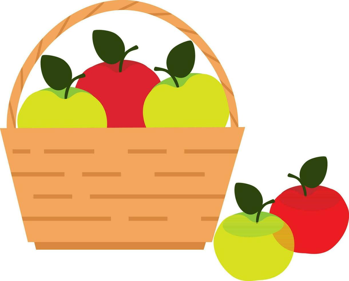 Vektor Illustration von Stroh Korb mit Grün und rot Äpfel im Karikatur Stil