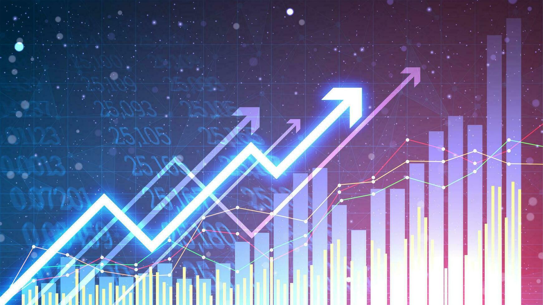 Geschäft Wachstum Hintergrund mit das Bar Diagramm statisch und oben Pfeil. Grafik von erfolgreich finanziell Entwicklung auf Blau Gradient Hintergrund. Lager Markt Wachstum im futuristisch Technologie Stil. vektor