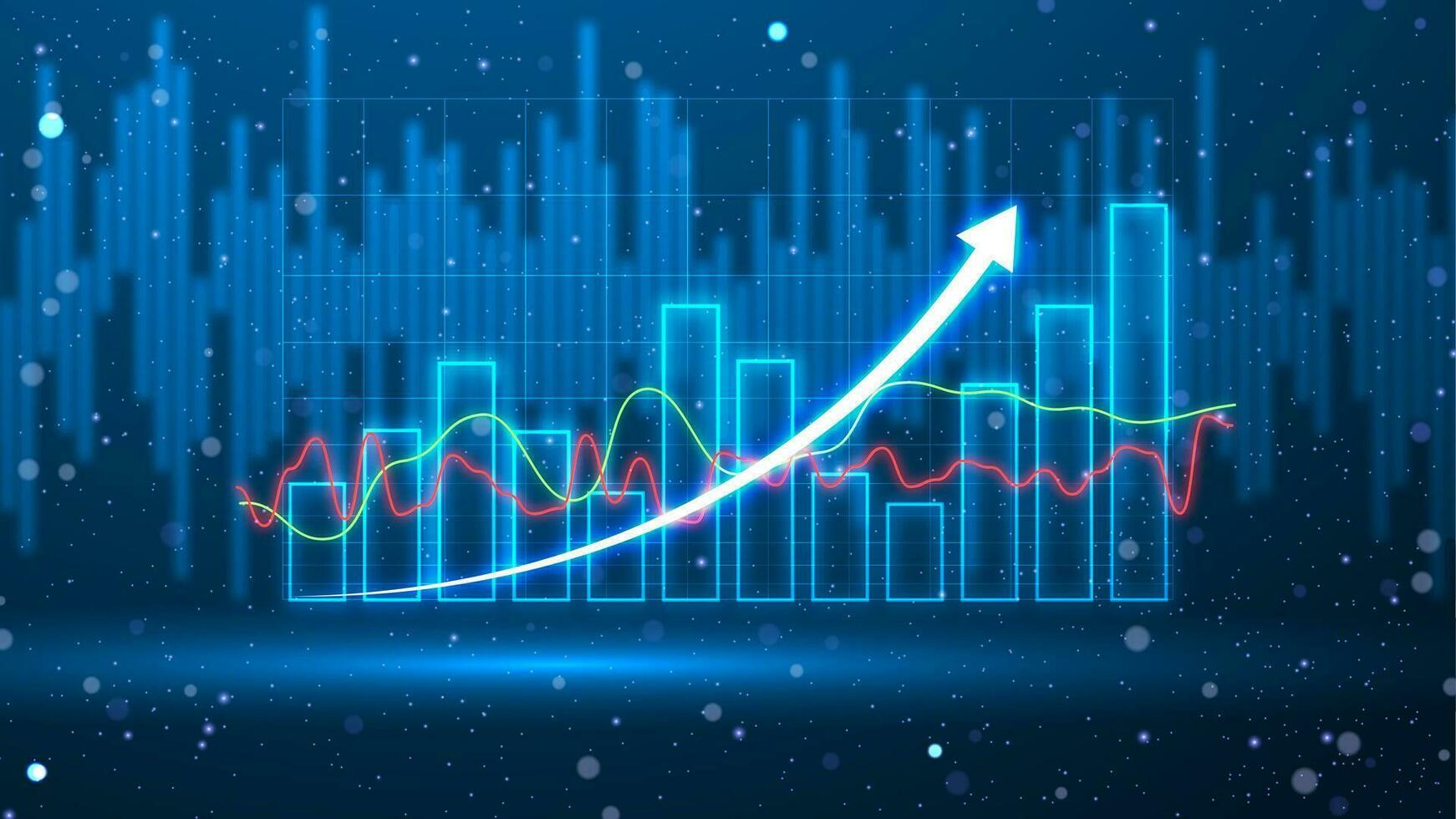 stock marknadsföra tillväxt i trogen teknologi stil. framgångsrik finansiell grafisk på blå bakgrund. företag tillväxt illustration med de bar Diagram statisk och upp pil. vektor
