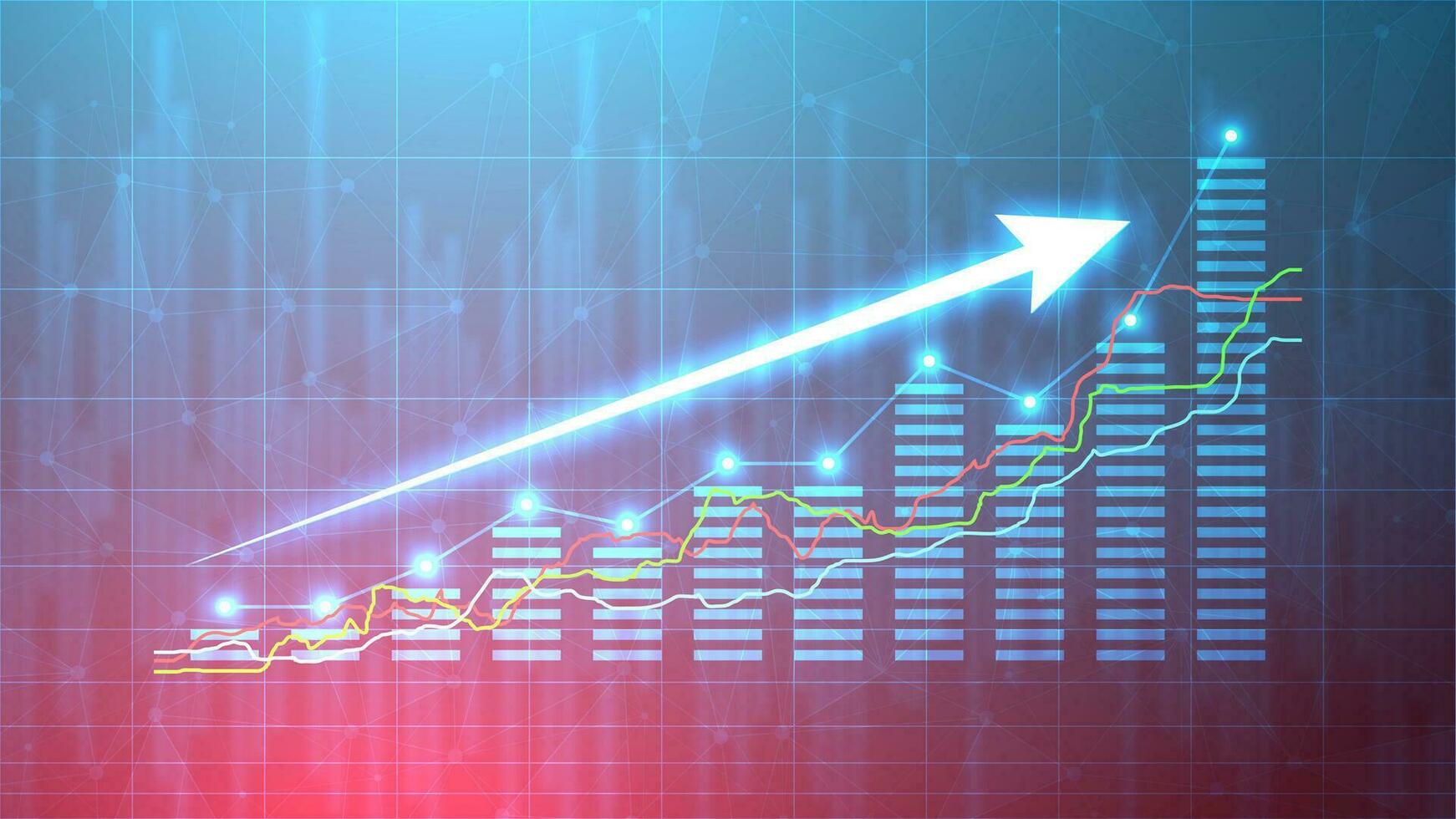 företag tillväxt illustration med de bar Diagram statisk och upp pil. framgångsrik finansiell grafisk på blå bakgrund. stock marknadsföra tillväxt i trogen teknologi stil. vektor