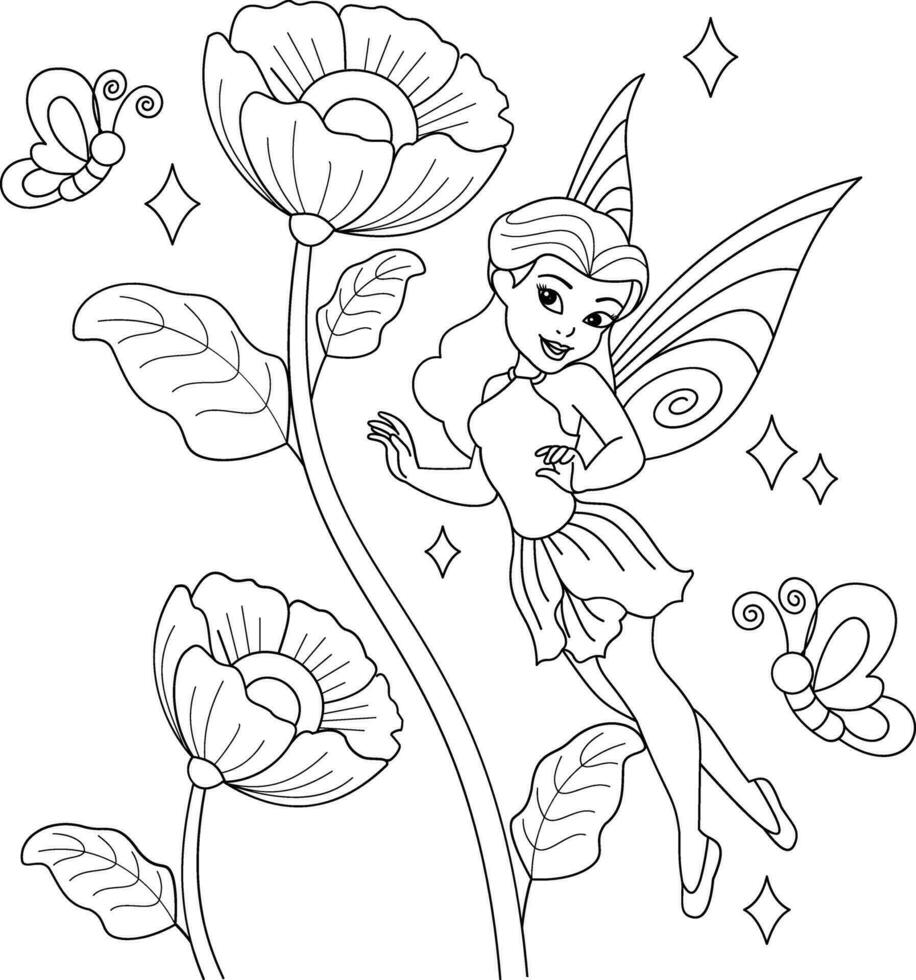 söt tecknad serie fe- med blommor och fjärilar. färg sida för vuxna. vektor