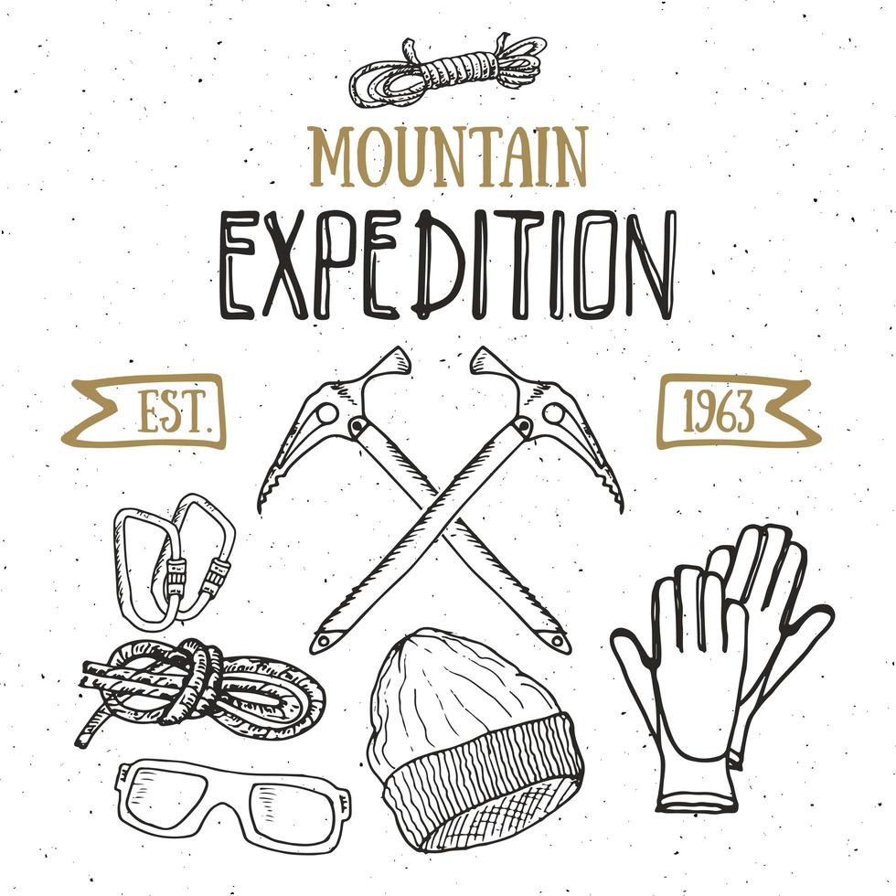 Bergexpedition Vintage Set. Hand gezeichnete Skizzenelemente für Retro-Abzeichenemblem, Wanderabenteuer im Freien und Berge, die Etikettendesign, Extremsportarten, Vektorillustration erforschen. vektor