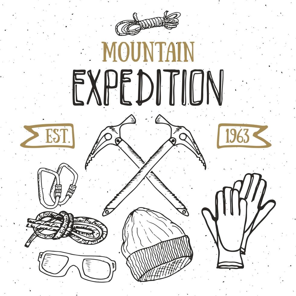 mountain expedition vintage set. handritade skisselement för retro emblem, utomhusvandringsäventyr och berg som utforskar etikettdesign, extremsport, vektorillustration. vektor