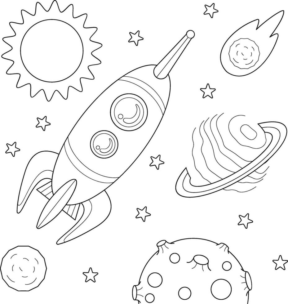 Raum Rakete, Planeten, Sterne und Sonne. Färbung Buch zum Kinder. Vektor Illustration.