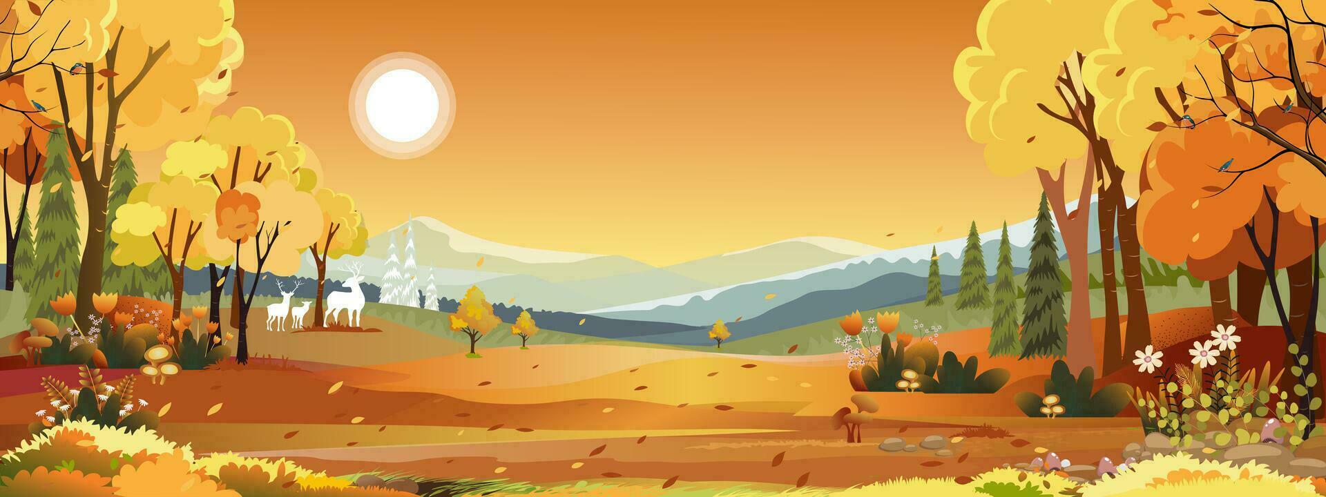 höst landskap av bruka fält med orange himmel, underland av mitten höst i landsbygden med moln himmel och sol, berg, gräs landa i orange lövverk, vektor baner för falla säsong eller höstlig bakgrund