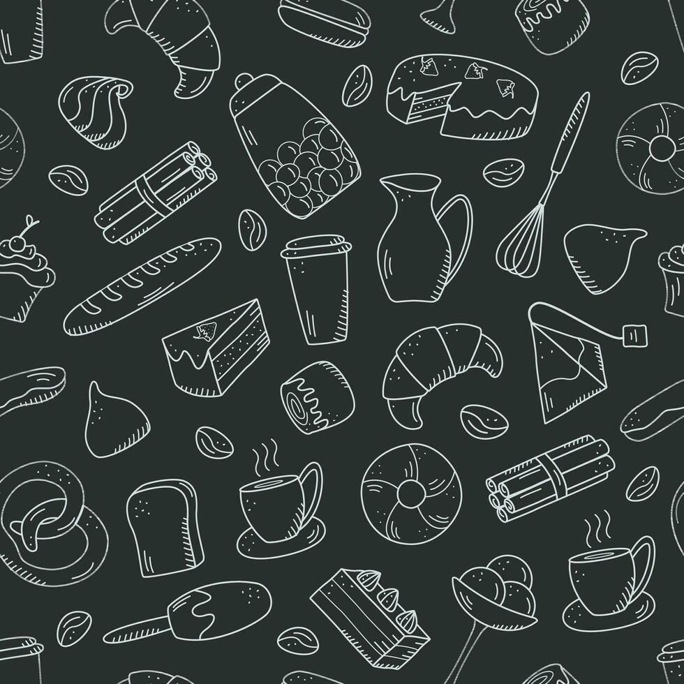 nahtlose mustervektorelemente von süßen snacks und gebäck, kaffeegerichten. hervorragend zum Dekorieren von Cafés und Speisekarten. Doodle-Icon-Stil vektor