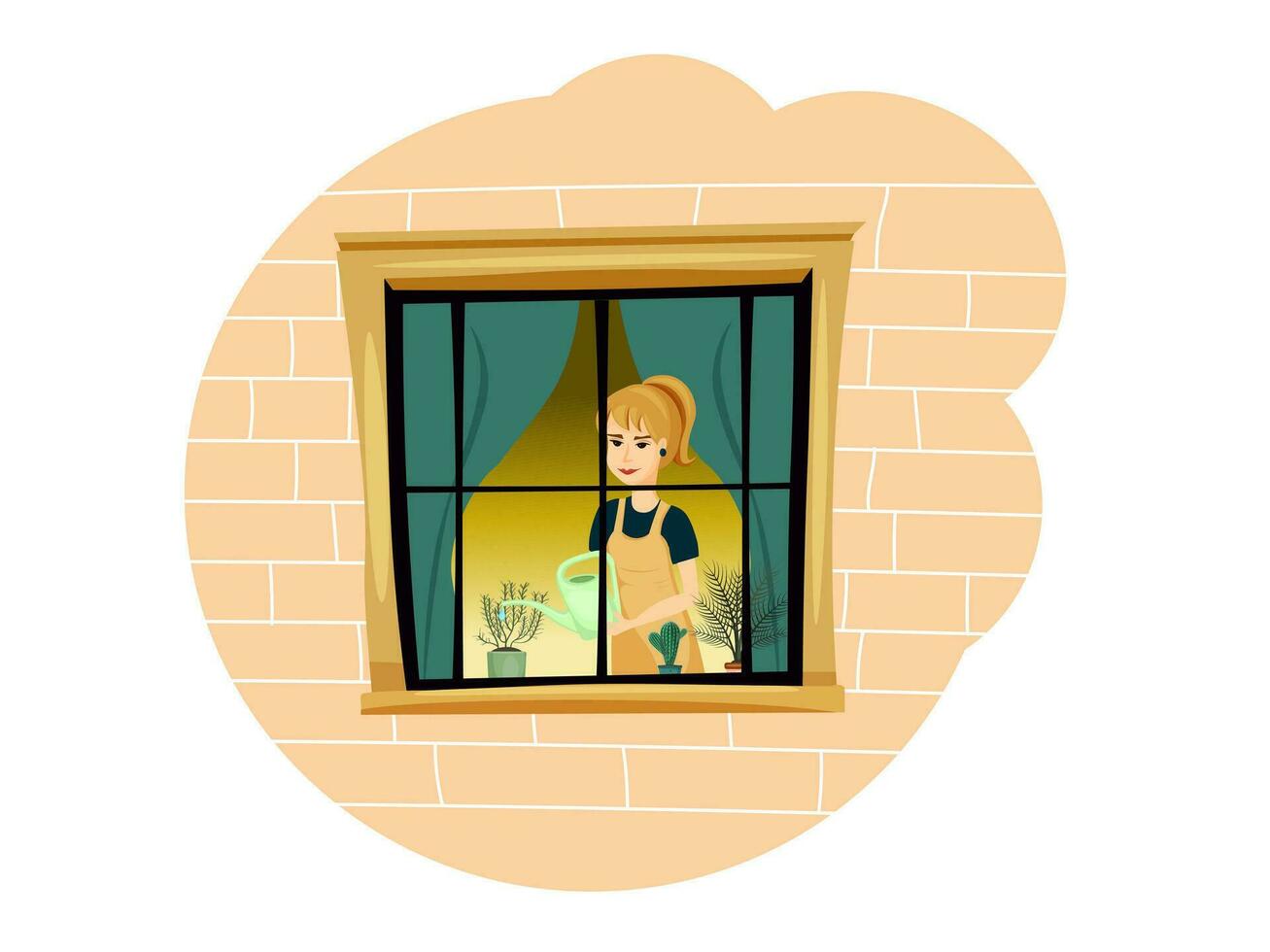 das Mädchen ist Bewässerung Innen- Pflanzen. Fenster Aussicht von außen. Zuhause Garten. Vektor Illustration