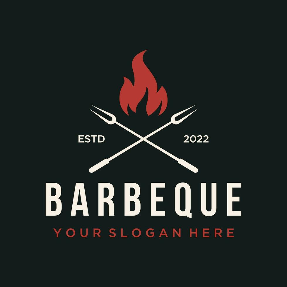 bbq varm grill årgång typografi logotyp mall design med korsade lågor och spatel. logotyp för restaurang, bricka, Kafé och bar. vektor