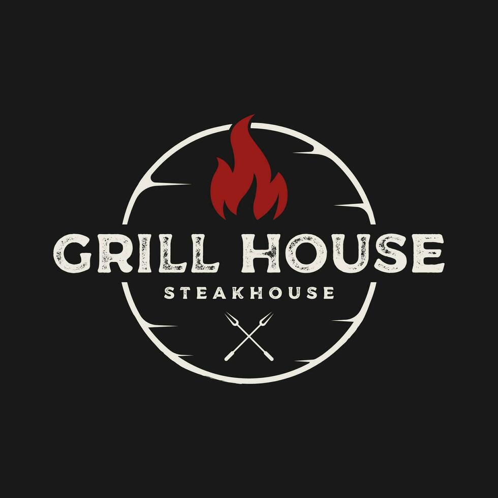 Grill heiß Grill Jahrgang Typografie Logo Vorlage Design mit gekreuzt Flammen und Spatel. Logo zum Restaurant, Abzeichen, Cafe und Bar. vektor