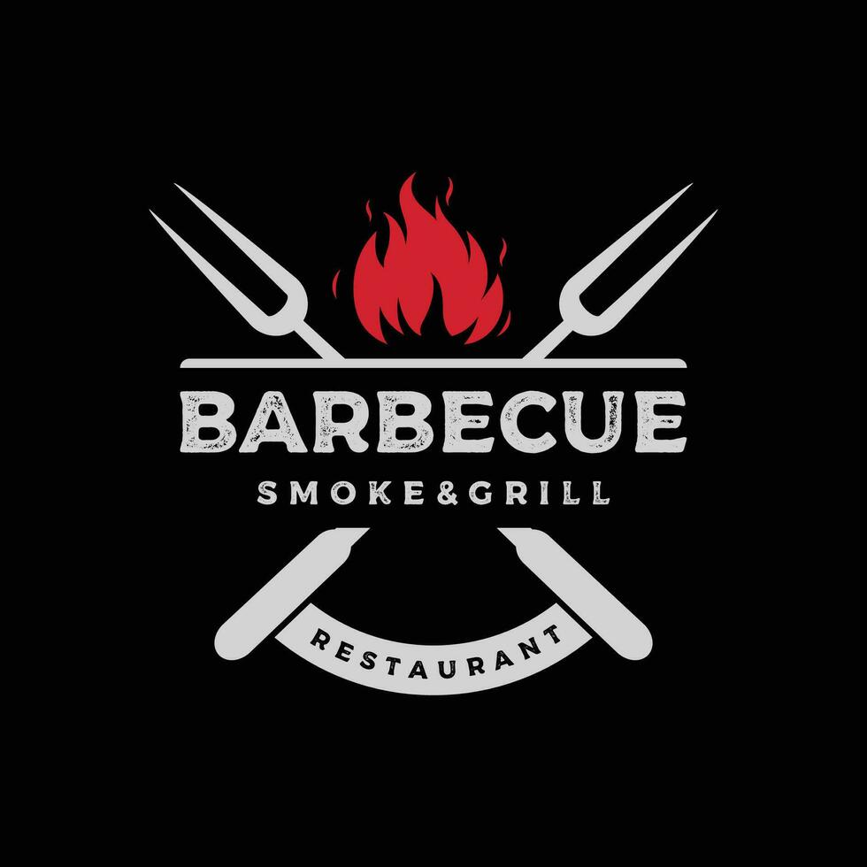 Grill heiß Grill Jahrgang Typografie Logo Vorlage Design mit gekreuzt Flammen und Spatel. Logo zum Restaurant, Abzeichen, Cafe und Bar. vektor