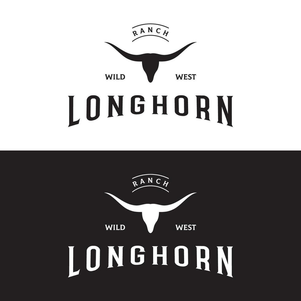 Longhorn Texas Ranch wild Westen Tier Logo Design Jahrgang Retro-Logo zum Cowboy, Vieh, Abzeichen, Restaurant. vektor