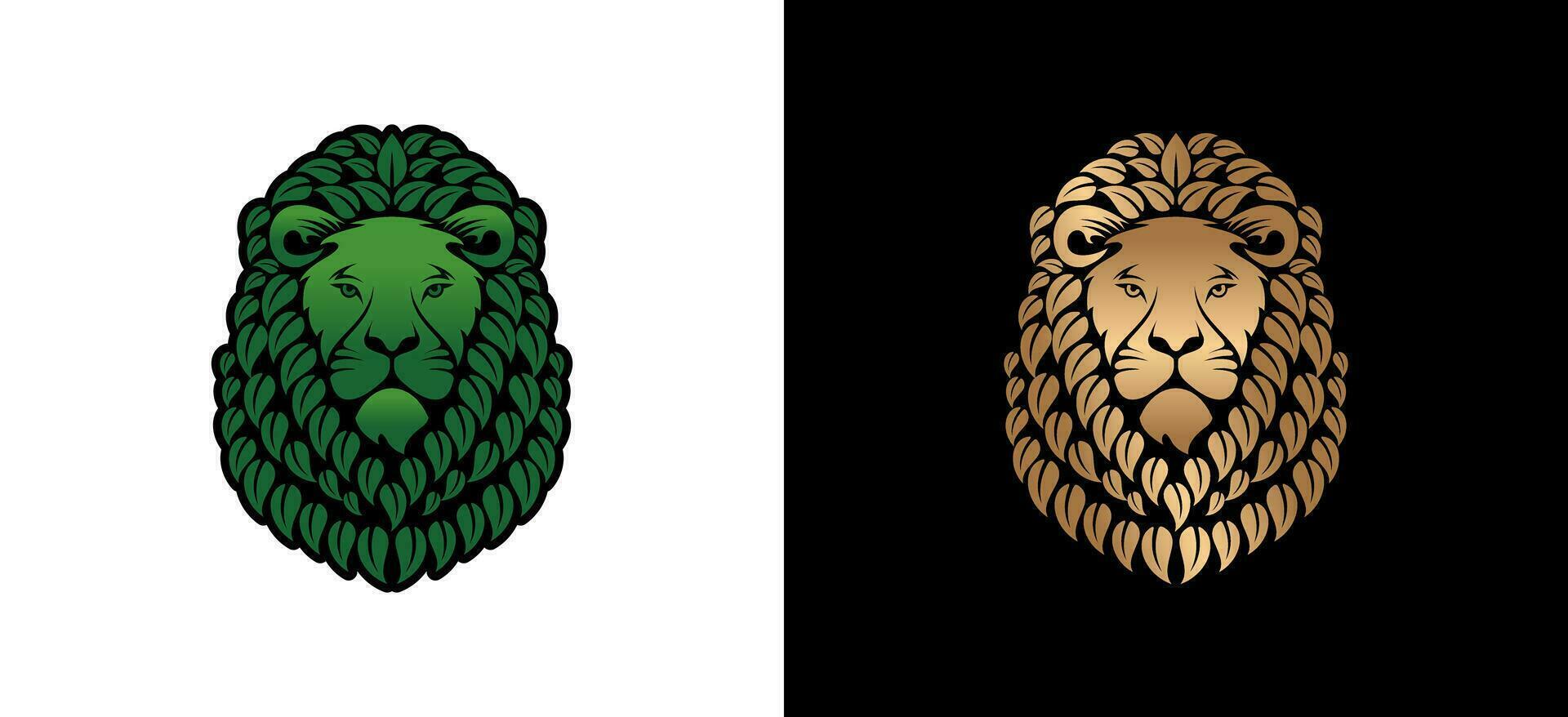 lyx naturlig lejon logotyp design, vektor illustration av lejon huvud med manen av löv