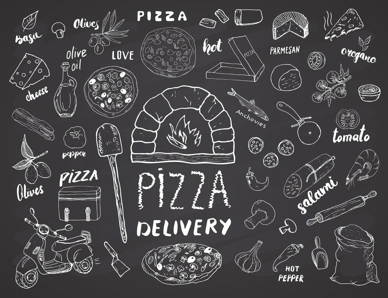 pizza meny handritad skiss set. pizza förberedelse och leverans klotter med mjöl och andra livsmedelsingredienser, ugn och köksredskap, skoter, pizzalåda formgivningsmall. vektor illustration