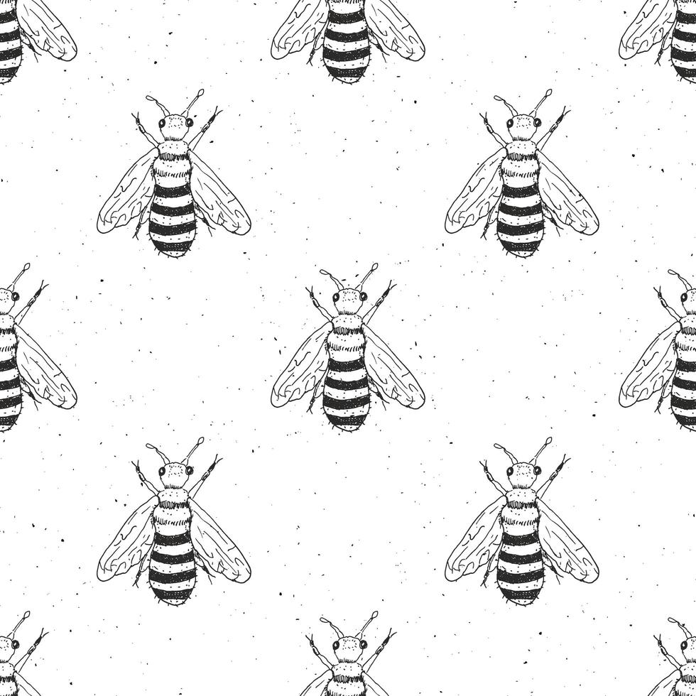 nahtloses Muster der Bienenhand gezeichnet, monochrome Hintergrundvektorillustration vektor