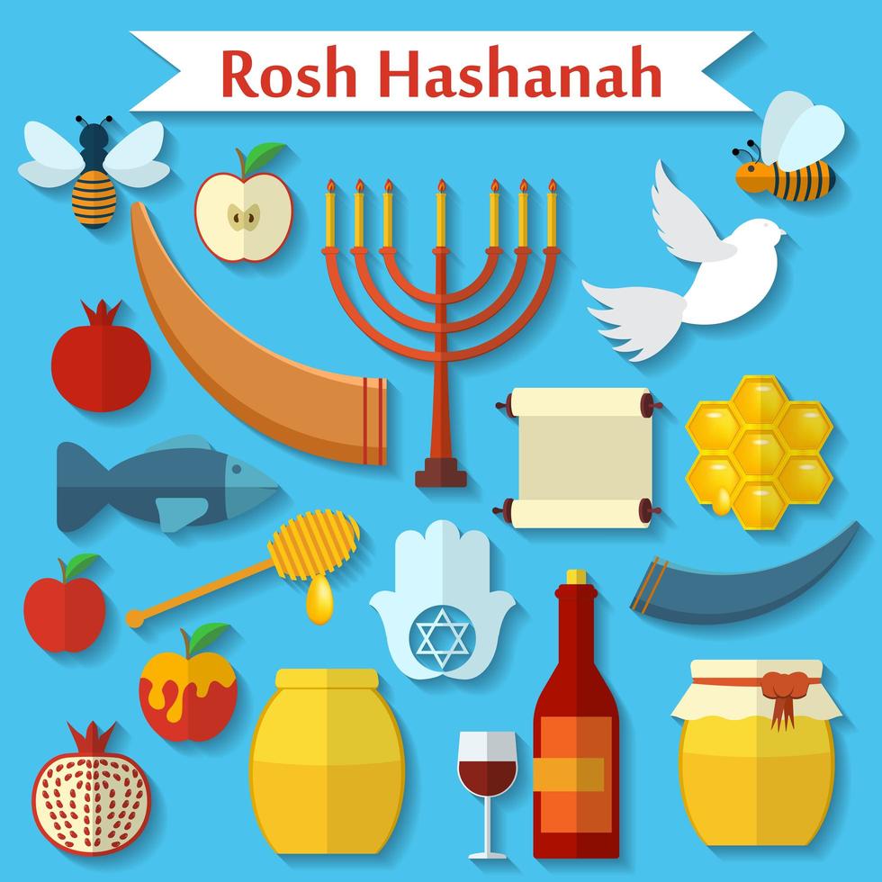 rosh hashanah, shana tova platt vektor ikoner set