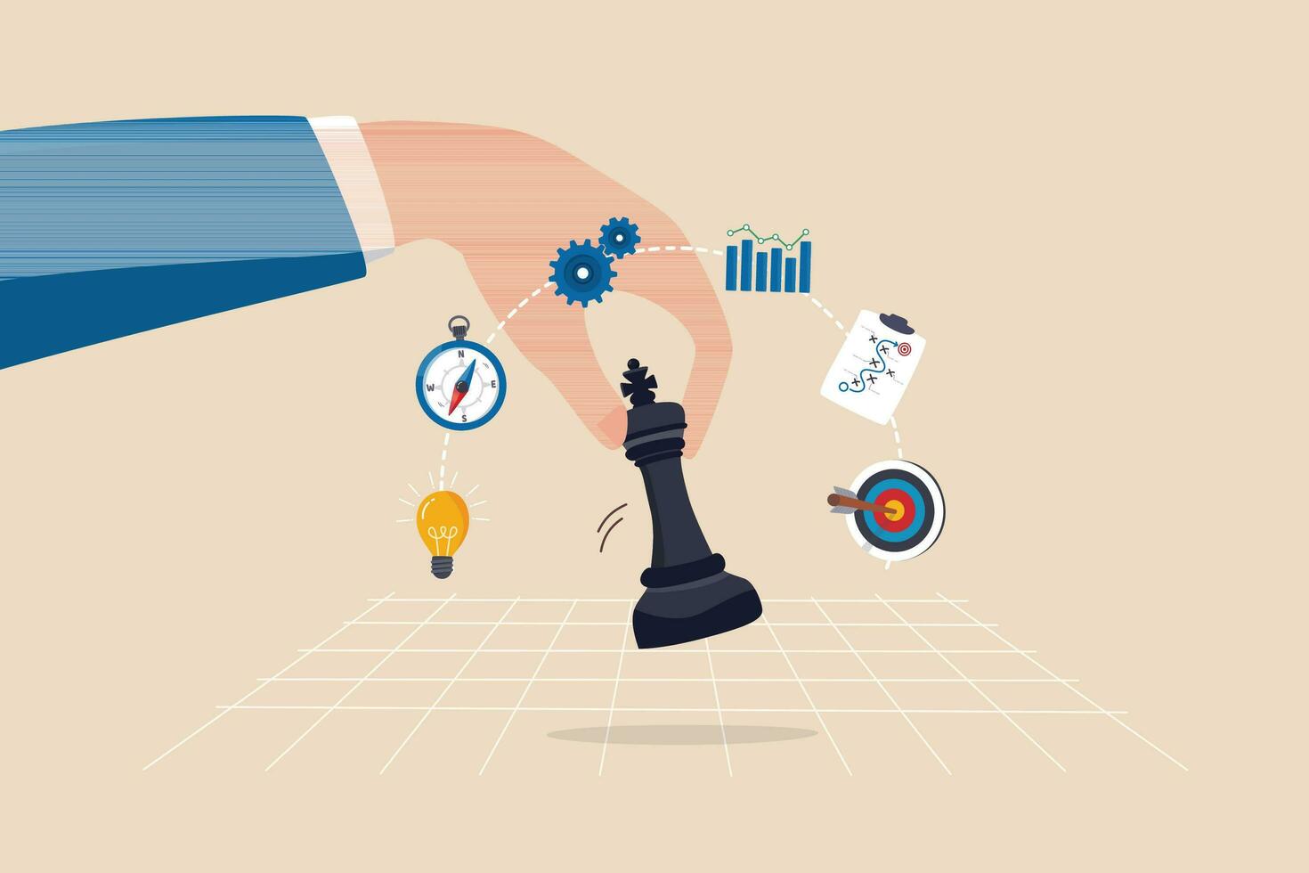 strategisk planera, taktik eller strategi till vinna företag konkurrens, marknadsföring analys eller utmaning till uppnå mål, beslut baserad på information begrepp, affärsman hand på strategisk schack kung. vektor
