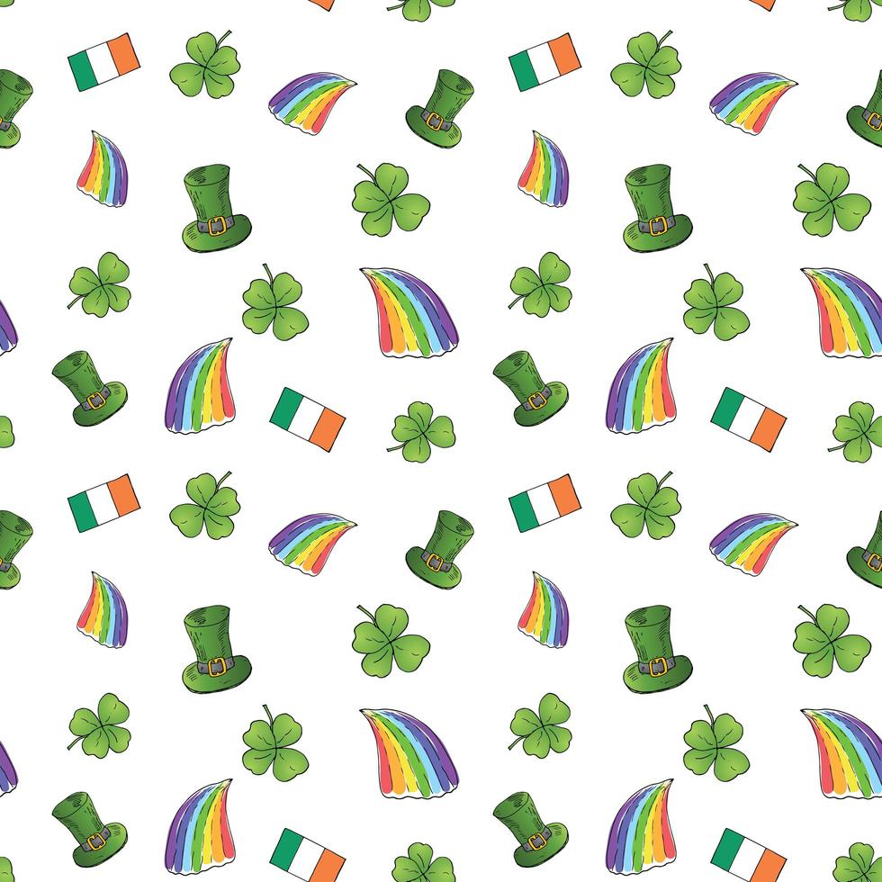St Patrick's Day handritad doodle sömlösa mönster, med leprechaun hatt, regnbåge, fyrklöver, Irlands flagga vektor illustration bakgrund.