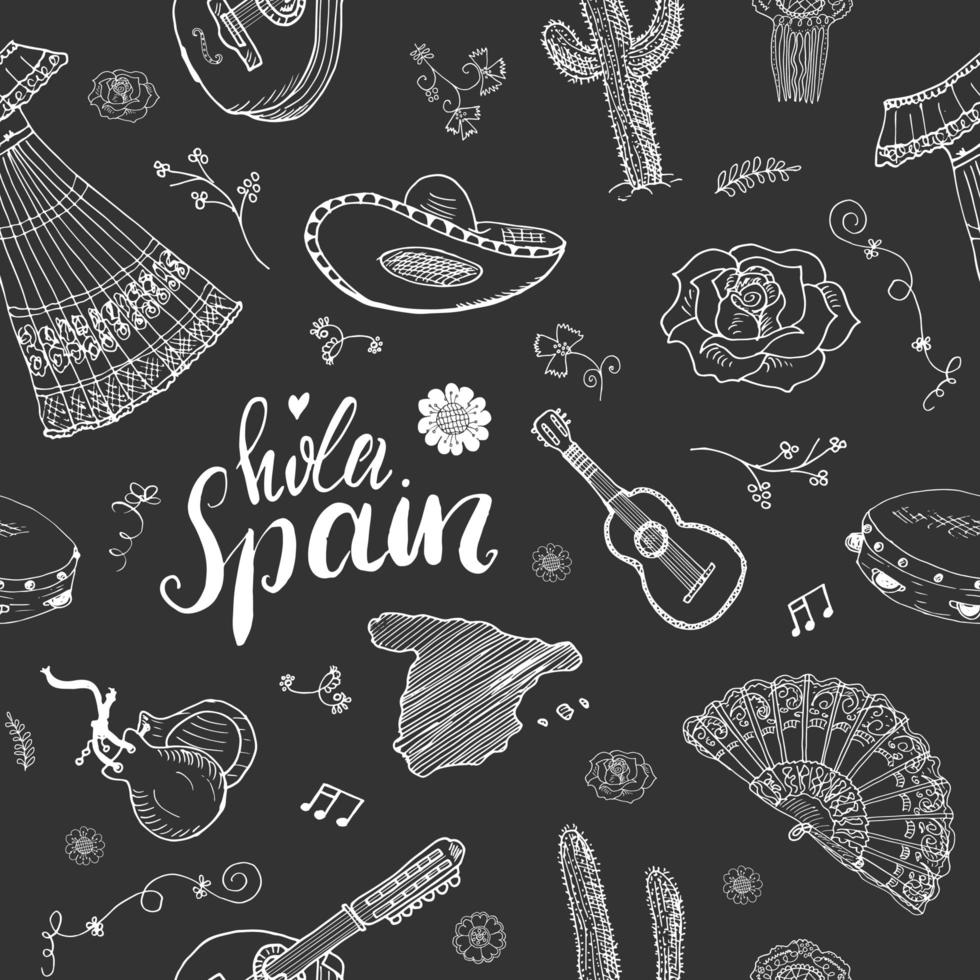 spanien sömlösa mönster doodle element, handritad skiss spanska traditionella gitarrer, klänning och musikinstrument, karta över Spanien och bokstäver - hola spanien. vektor illustration bakgrund