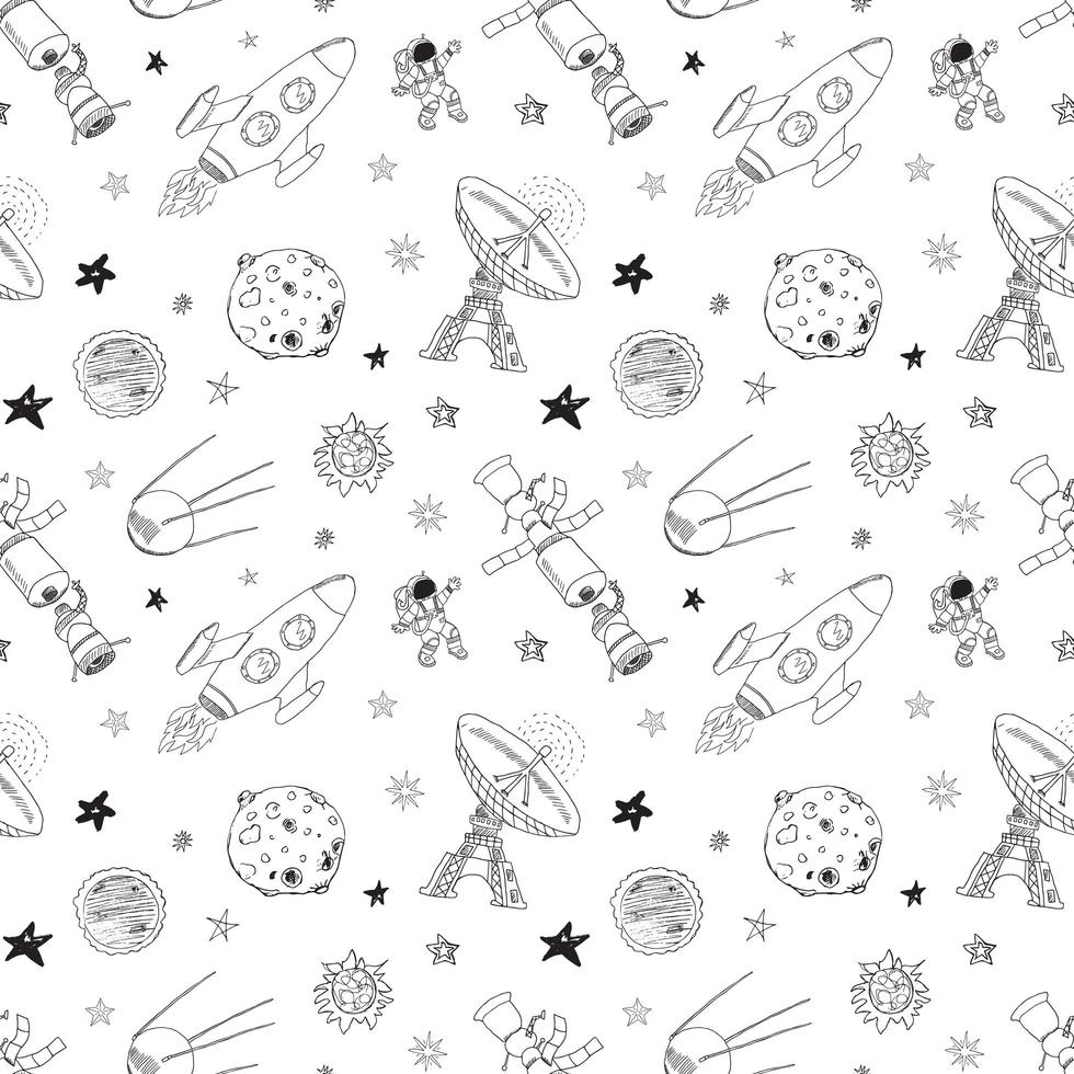 Raum kritzelt Symbole nahtloses Muster. Hand gezeichnete Skizze mit Meteoren, Sonne und Mond, Radar, Astronautenrakete und Sternen. Vektorillustration isoliert vektor
