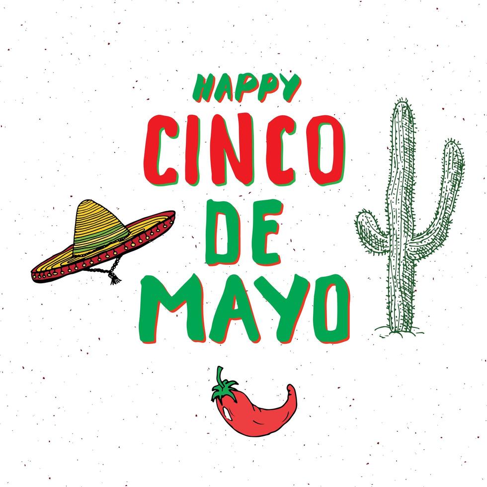 glad cinco de mayo gratulationskort handbokstäver. mexikansk semester. vektorillustration isolerad på vit bakgrund. vektor