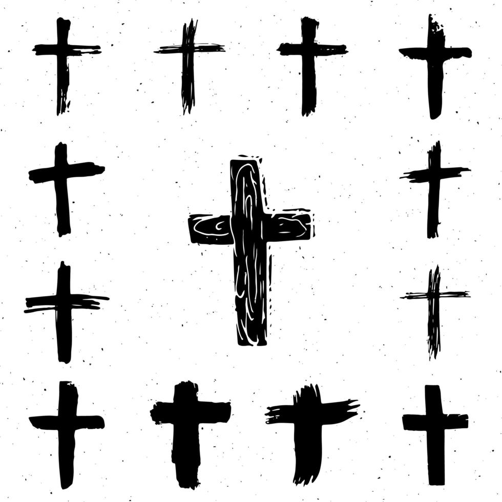 Grunge Hand gezeichnete Kreuz Symbole gesetzt. christliche Kreuze, religiöse Zeichenikonen, Kruzifixsymbolvektorillustration isplated auf weißem Hintergrund. vektor