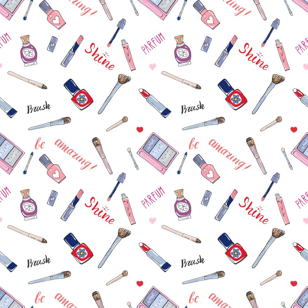 Hand gezeichnete Sammlung von Make-up, Kosmetik und Schönheitsartikeln nahtloses Muster, mit Lippenstift Pinsel Parfum und Schrift Vektor-Illustration isoliert vektor