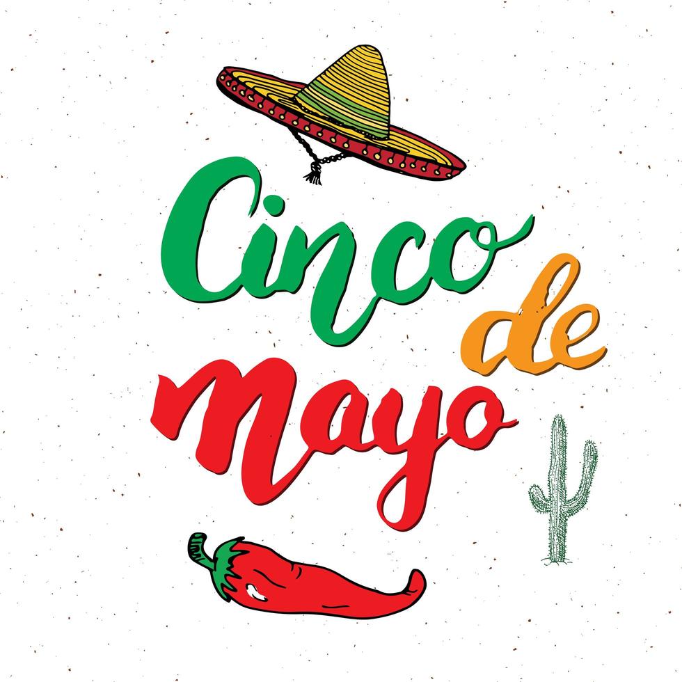 glad cinco de mayo gratulationskort handbokstäver. mexikansk semester. vektorillustration isolerad på vit bakgrund. vektor