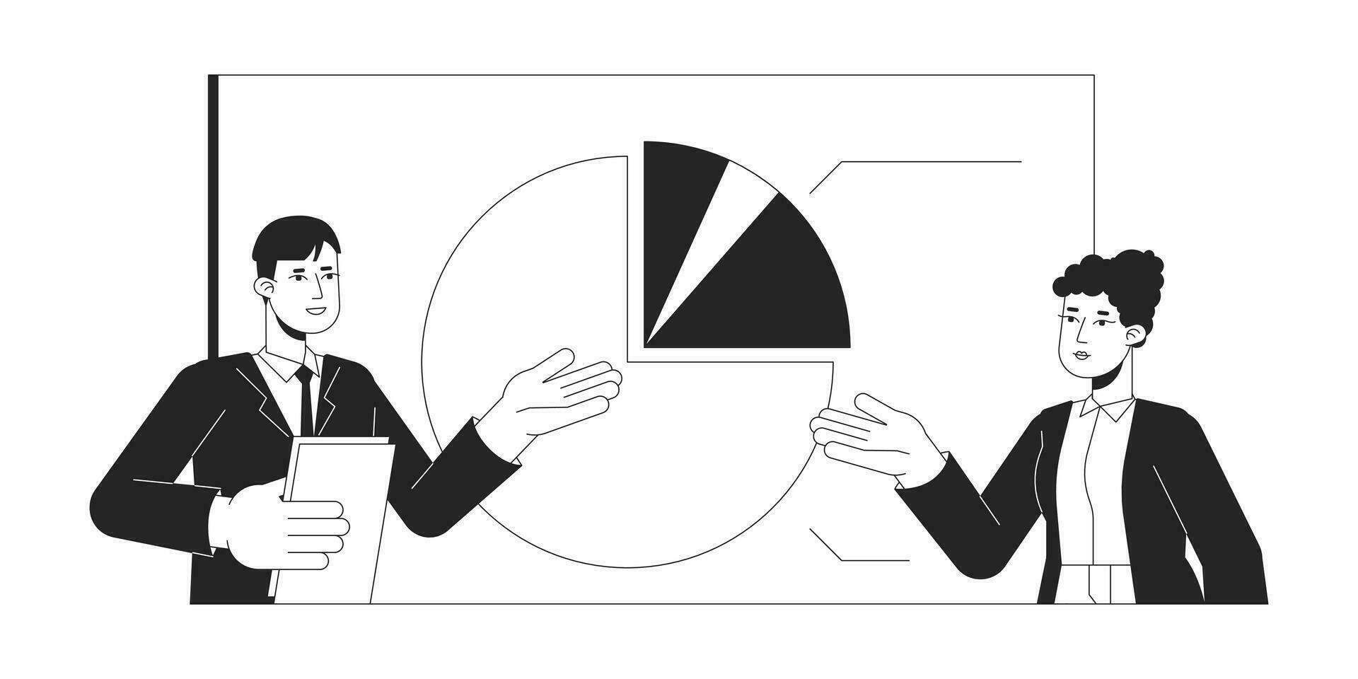 verkställande möte presentation bw begrepp vektor fläck illustration. talesman med medarbetare 2d tecknad serie platt linje enfärgad tecken för webb ui design. redigerbar isolerat översikt hjälte bild