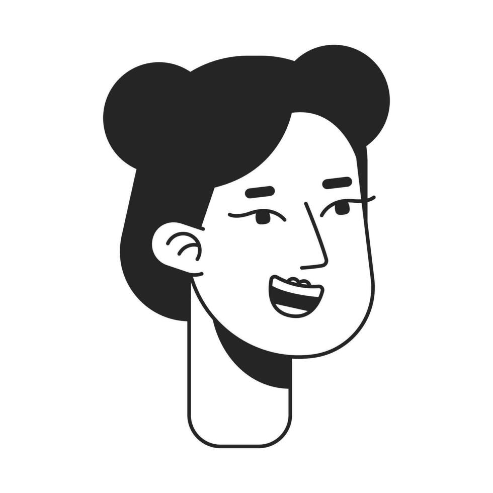 upphetsad asiatisk flicka med två bullar frisyr svartvit platt linjär karaktär huvud. söt flicka. redigerbar översikt hand dragen mänsklig ansikte ikon. 2d tecknad serie fläck vektor avatar illustration för animering