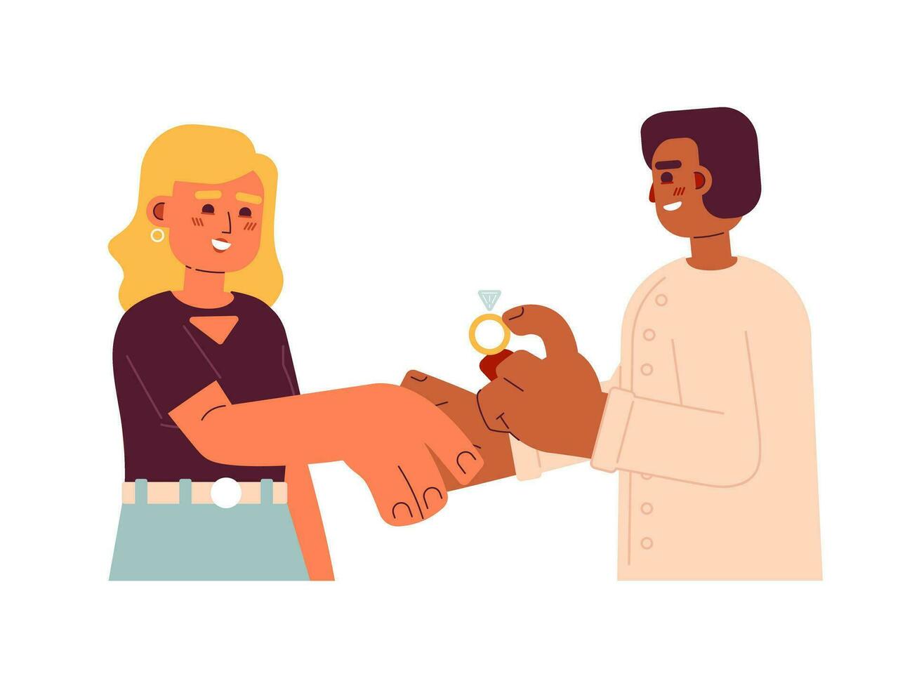 överraskning äktenskap förslag platt begrepp vektor fläck illustration. interracial par innehav händer 2d tecknad serie tecken på vit för webb ui design. bröllop isolerat redigerbar kreativ hjälte bild