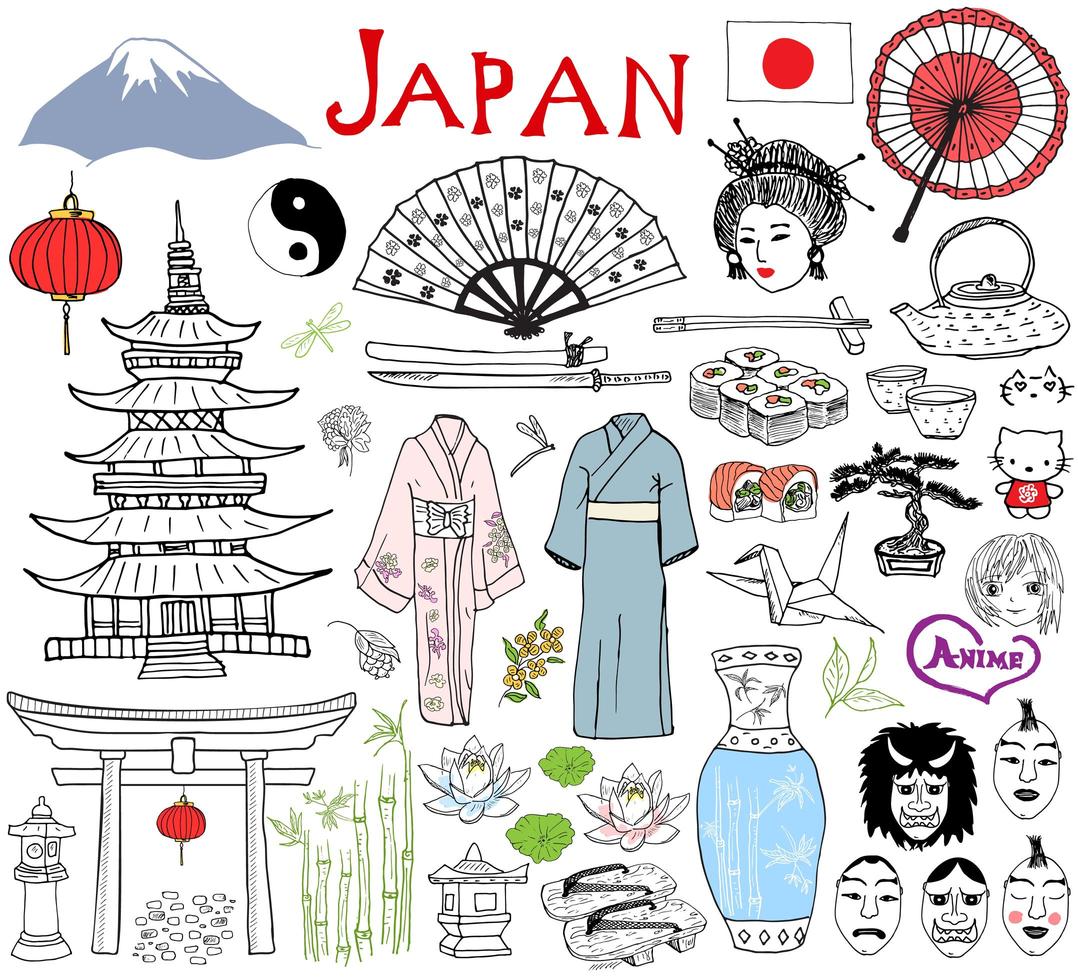 japan doodles element. handritad skissuppsättning med fujiyama berg, shinto gate, japansk mat sushi och teservis, fläkt, teatermasker, katana, pagoda, kimono. ritningssamling, isolerad på vitt vektor