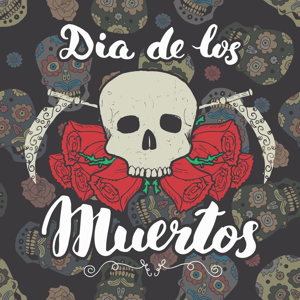 de dödas dag, bokstäver citat med handritad skalle och rosor, vintage etikett, typografi design eller t-shirt tryck, vektor illustration