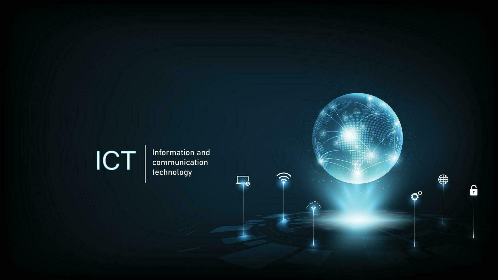 information och kommunikation teknologi ict koncept.information och kommunikation teknologi på mörk blå bakgrund.trådlös kommunikation nätverk. intelligent systemet automatisering. vektor