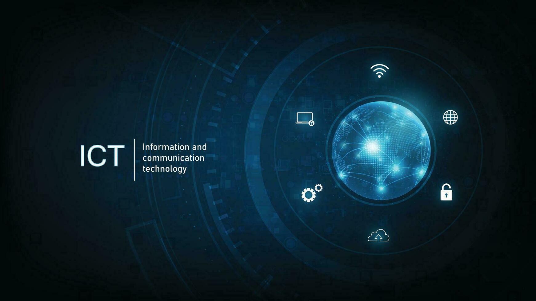 Information und Kommunikation Technologie ict Konzept. Information und Kommunikation Technologie auf dunkel Blau Hintergrund. kabellos Kommunikation Netzwerk. intelligent System Automatisierung. vektor