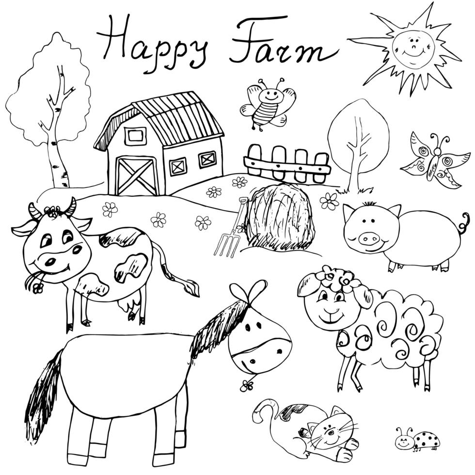 glückliche Farm kritzelt Ikonen gesetzt. Hand gezeichnete Skizze mit Pferd, Kuh, Schaf Schwein und Scheune. kindliche Cartoony skizzenhafte Vektorillustration isoliert vektor